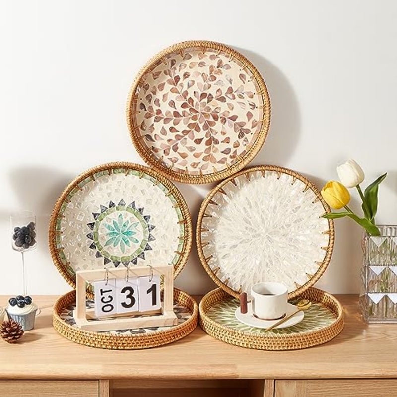Round Rattan Tray with Mother of Pearl Inlay, Rattan Serving Tray with Wooden Base, Decorative Wicker Basket for Table Decoration, Storage and Display of Coffee, Bread, - Image 4