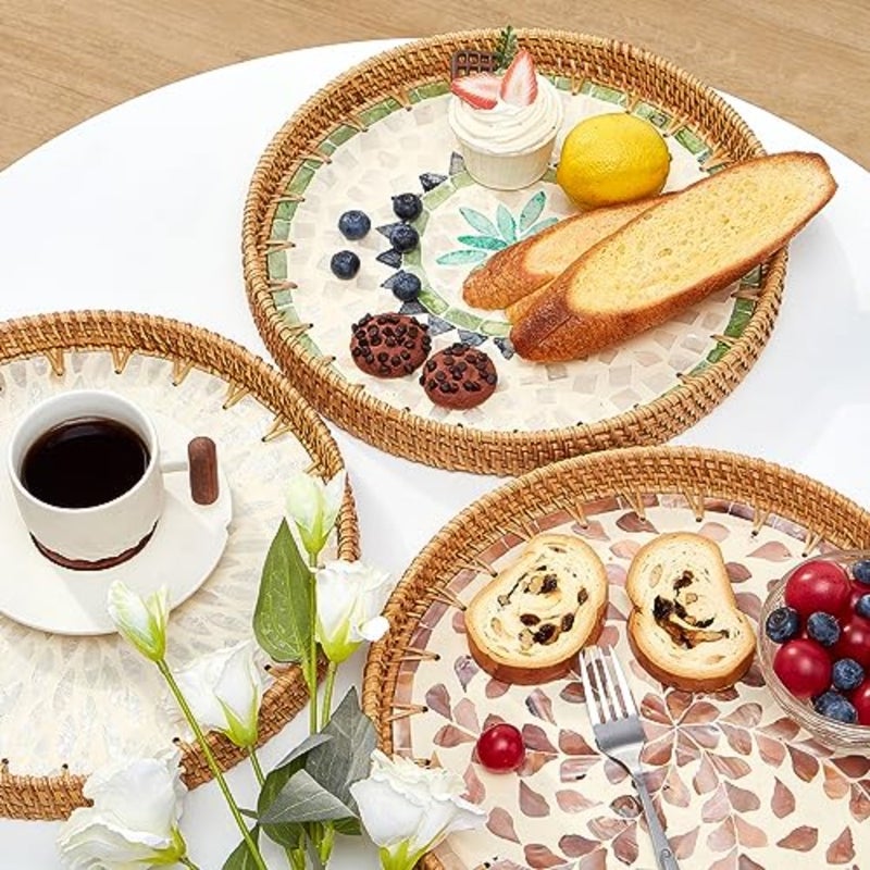 Round Rattan Tray with Mother of Pearl Inlay, Rattan Serving Tray with Wooden Base, Decorative Wicker Basket for Table Decoration, Storage and Display of Coffee, Bread, - Image 2