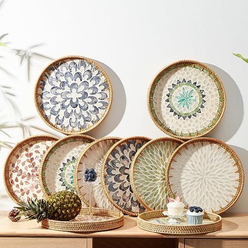 Round Rattan Tray with Mother of Pearl Inlay, Rattan Serving Tray with Wooden Base, Decorative Wicker Basket for Table Decoration, Storage and Display of Coffee, Bread, - Image 5