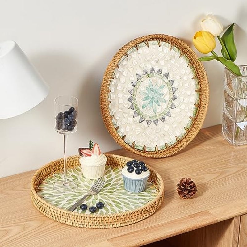 Round Rattan Tray with Mother of Pearl Inlay, Rattan Serving Tray with Wooden Base, Decorative Wicker Basket for Table Decoration, Storage and Display of Coffee, Bread, - Image 3