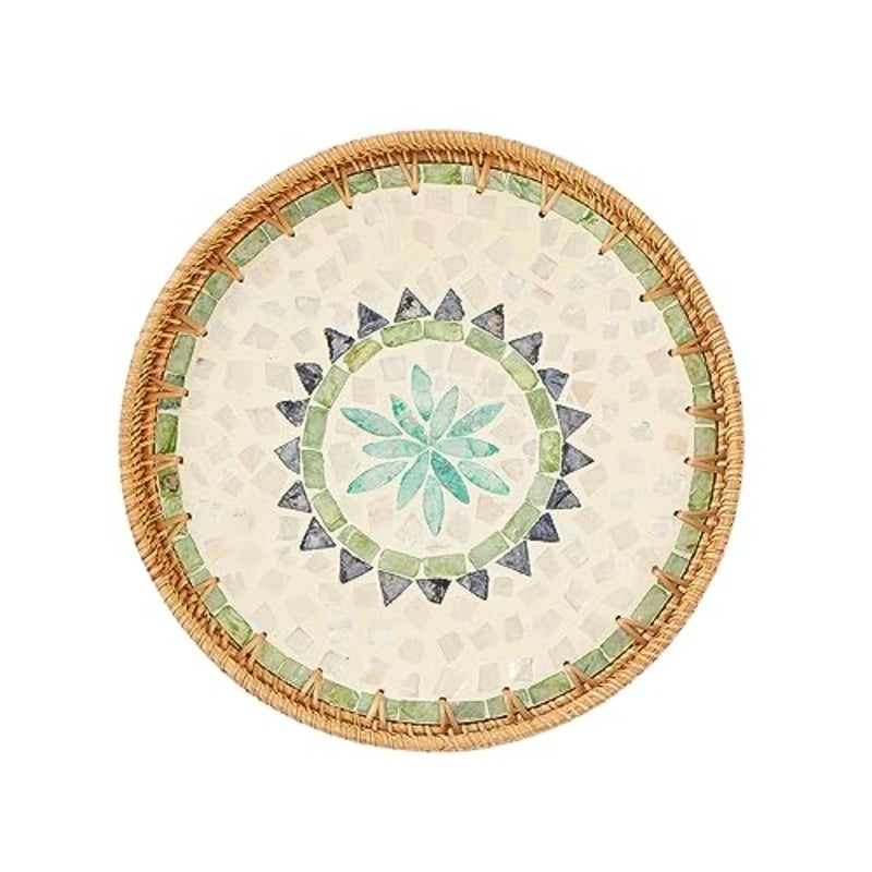 Round Rattan Tray with Mother of Pearl Inlay, Rattan Serving Tray with Wooden Base, Decorative Wicker Basket for Table Decoration, Storage and Display of Coffee, Bread, - Image 1