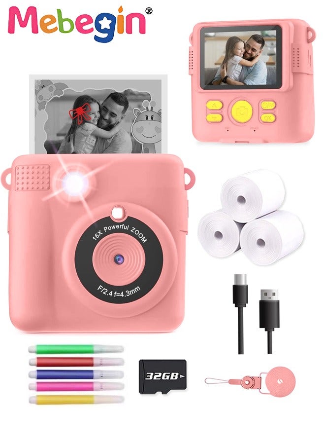 Kids Toy Camera, 1080P HD Instant Camera with 32G SD Card, 3 Volumes of Printing Paper, 5 Coloured Pens and Lanyard, Portable Selfie Camera with Video Recording Function and Flash, Ideal Gift for Kids