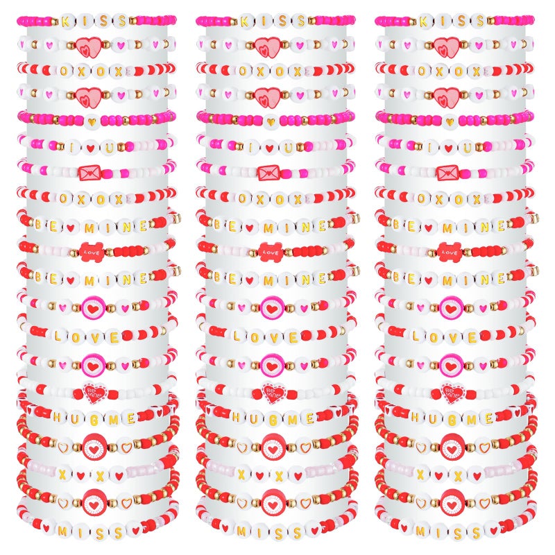 yesaior 60 pcs Valentine's Day Bracelets Bulk Colorful Friendship Adjustable Beaded Bracelets Bulk Women's Clay Surfer Heishi Jewelry for Women Men Gift Party Supplies (Valentine's Day) - Image 1