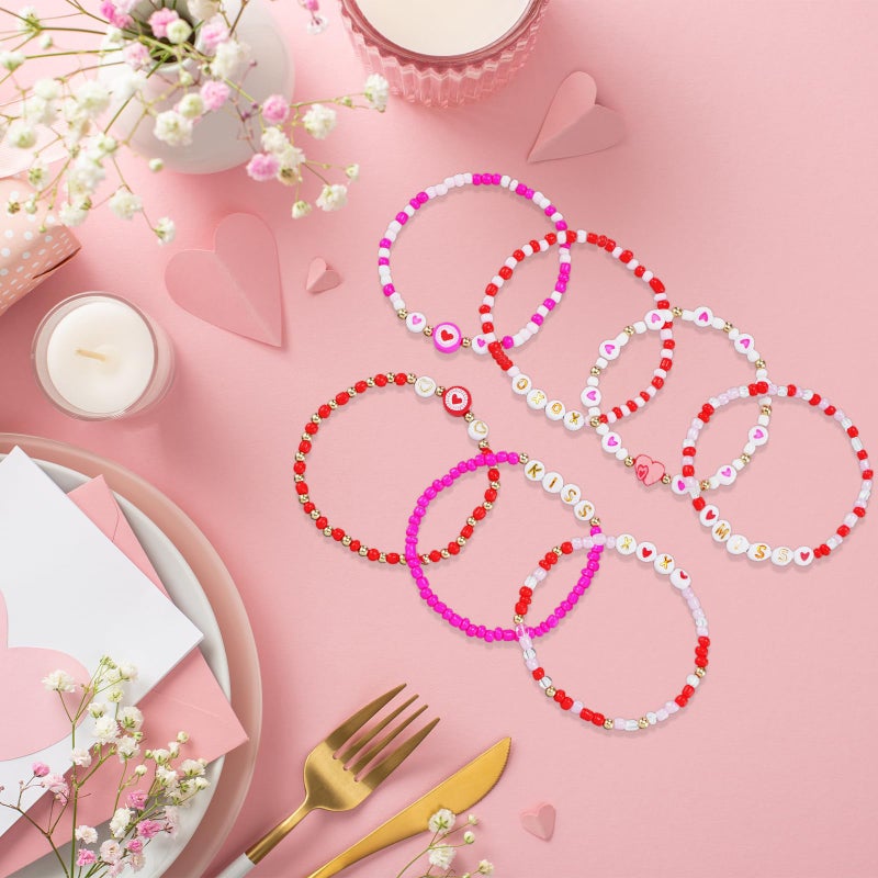 yesaior 60 pcs Valentine's Day Bracelets Bulk Colorful Friendship Adjustable Beaded Bracelets Bulk Women's Clay Surfer Heishi Jewelry for Women Men Gift Party Supplies (Valentine's Day) - Image 4