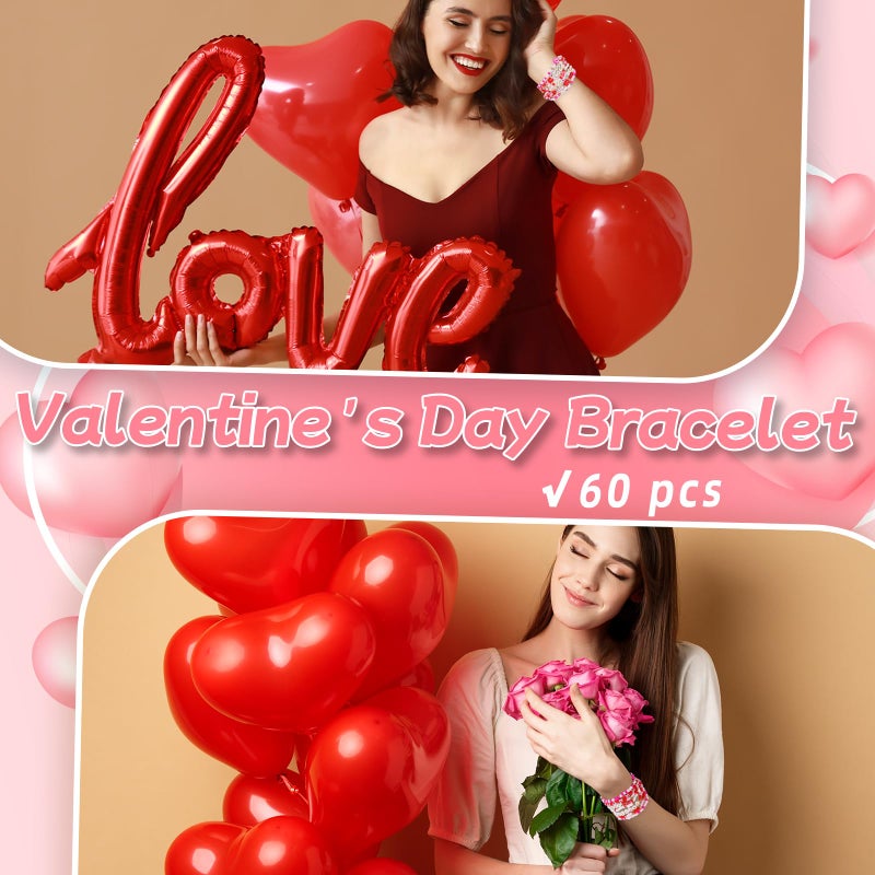 yesaior 60 pcs Valentine's Day Bracelets Bulk Colorful Friendship Adjustable Beaded Bracelets Bulk Women's Clay Surfer Heishi Jewelry for Women Men Gift Party Supplies (Valentine's Day) - Image 5