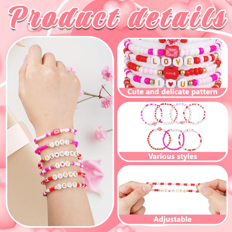 yesaior 60 pcs Valentine's Day Bracelets Bulk Colorful Friendship Adjustable Beaded Bracelets Bulk Women's Clay Surfer Heishi Jewelry for Women Men Gift Party Supplies (Valentine's Day) - Image 3