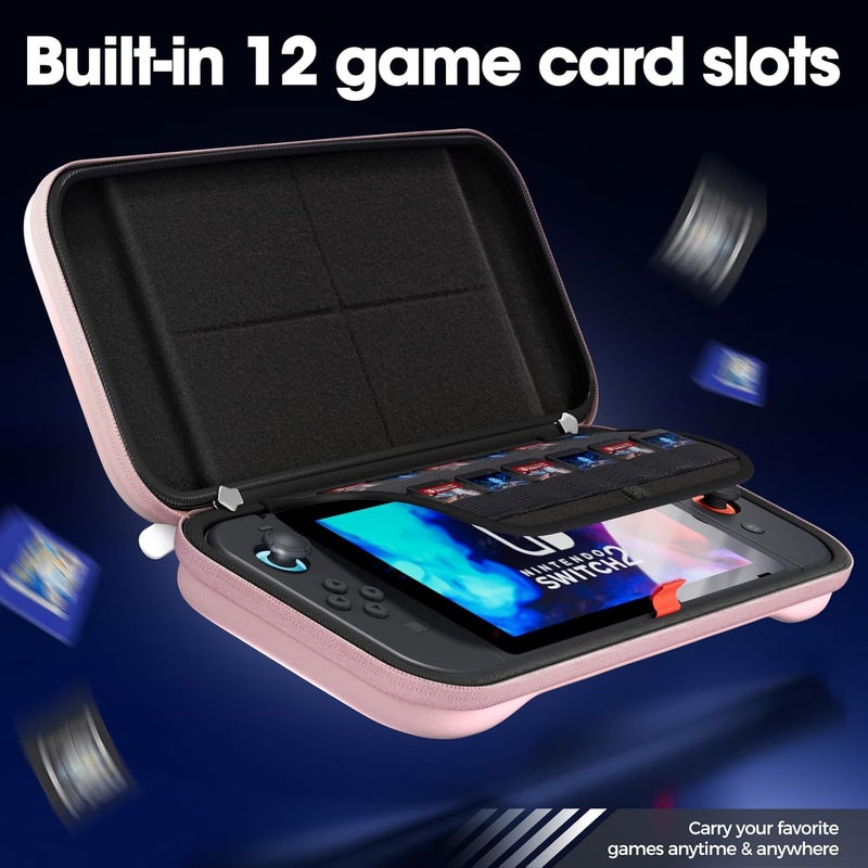 بروكاس حقيبة حمل رفيعة من ProCase لجهاز Nintendo Switch 2 2025، حقيبة سفر صلبة مع 12 فتحة لبطاقات الألعاب، ملحقات حماية لـ Switch 2 - وردي - Image 5