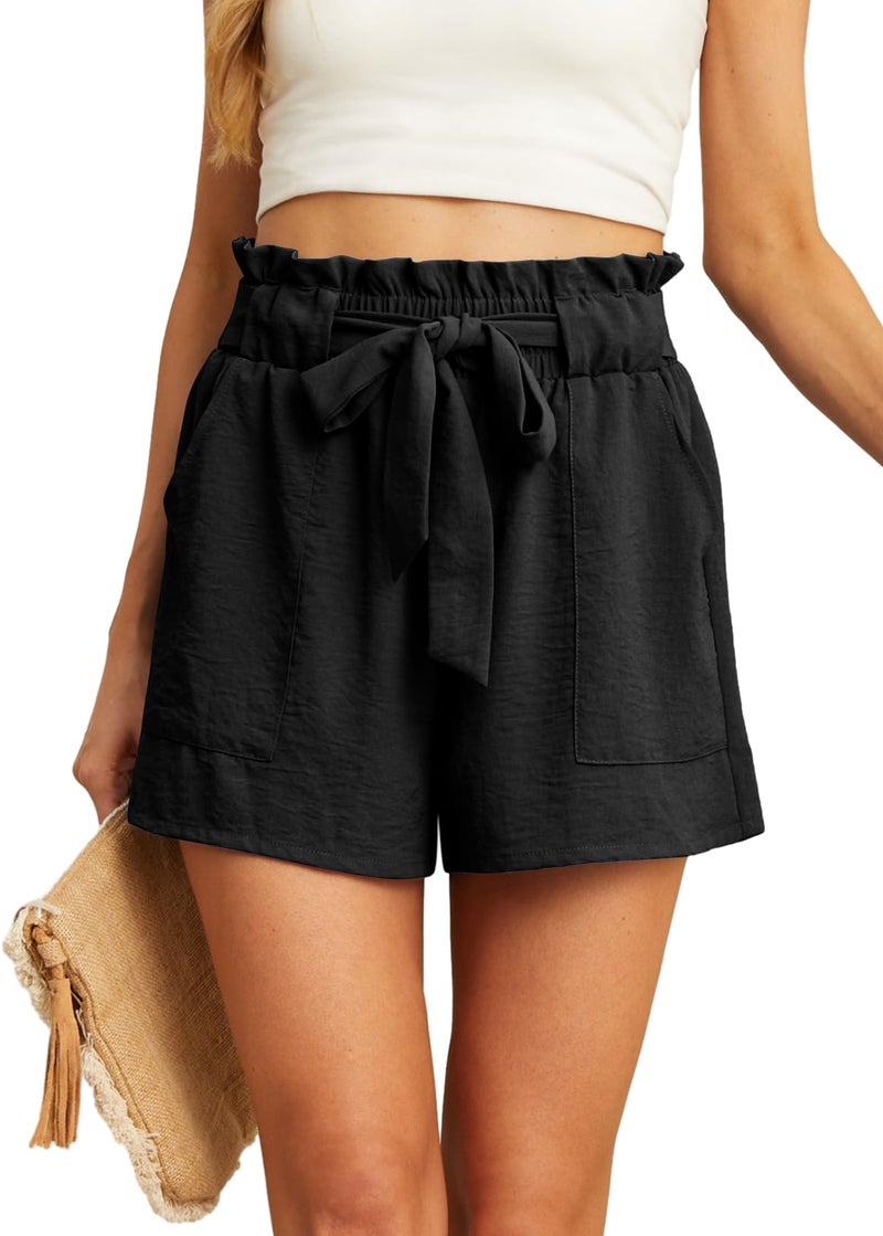 IWOLLENCE Womens Shorts with Pockets Summer Casual Shorts for Women Waist Casual Lightweight Adjustable Tie Knot Loose Black Large - Image 1