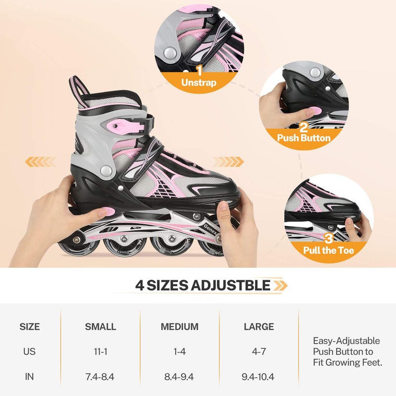 Gonex Inline Skates for Girls Boys Kids, Adjustable Skates Outdoor Blades Inline Roller Skates for Children Teens Women with Light Up Wheels for Indoor Outdoor Backyard Skating, Pink L - Image 4