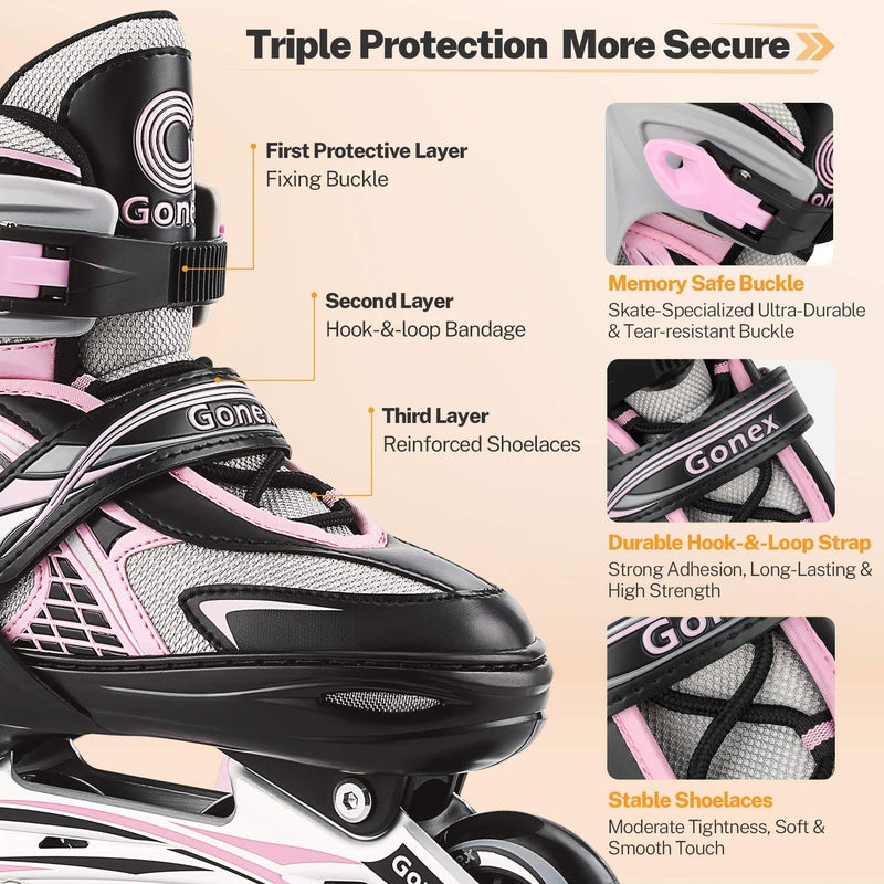 Gonex Inline Skates for Girls Boys Kids, Adjustable Skates Outdoor Blades Inline Roller Skates for Children Teens Women with Light Up Wheels for Indoor Outdoor Backyard Skating, Pink L - Image 5