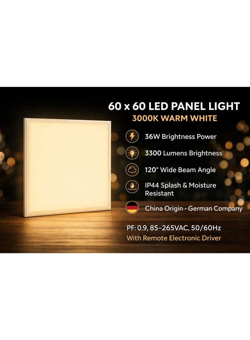 60x60 LED Panel Light 36W 3000K Warm White 3300LM 120° Beam IP44 White Aluminum Frame with Remote Driver 595x595mm – German Company - Image 3