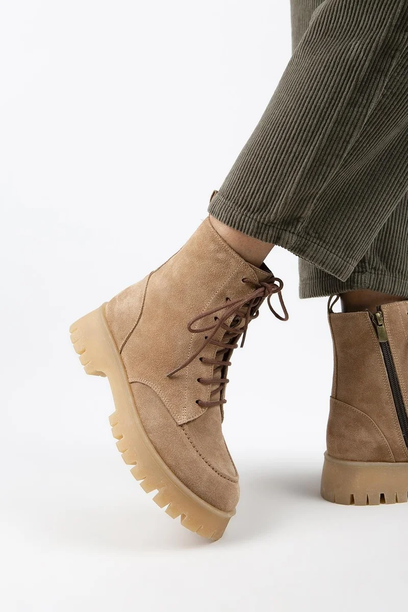 Manijero Manijero Jemima Women's Genuine Leather Lace-up Zippered Sand Suede Boots