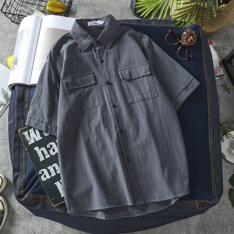 Trendy Brand Workwear Pocket Shirt for Men and Women Solid Color Couple Dress Half Sleeve Shirt Short Sleeve Summer Thin Casual Loose 9913# gray - Image 1