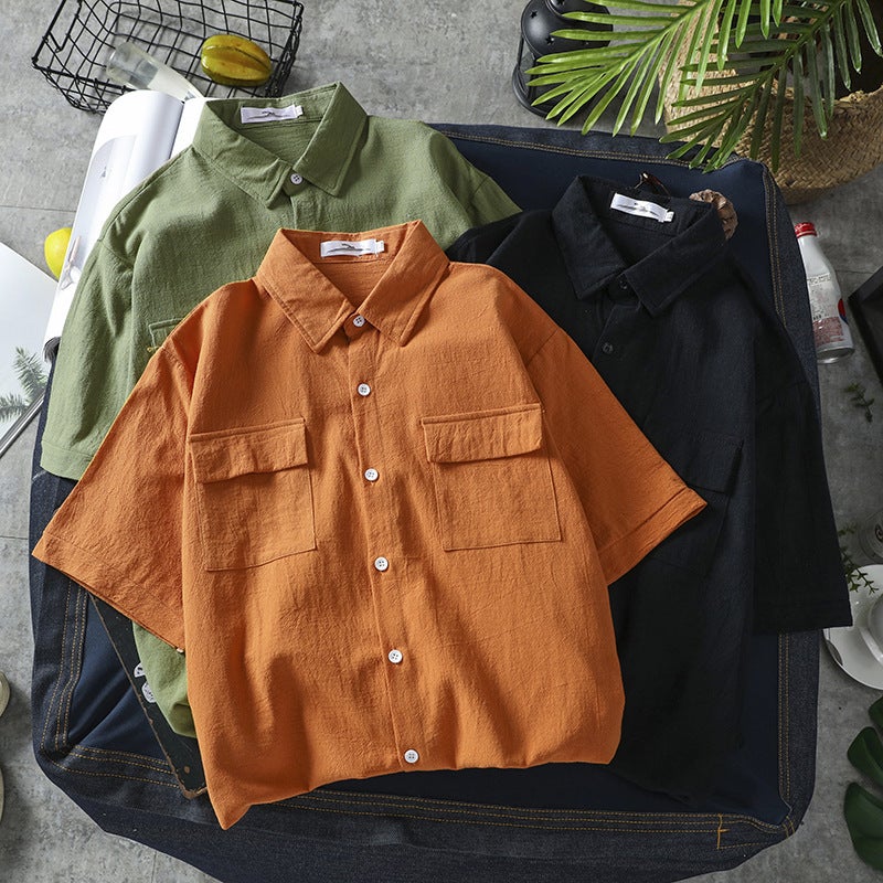 Trendy Brand Workwear Pocket Shirt for Men and Women Solid Color Couple Dress Half Sleeve Shirt Short Sleeve Summer Thin Casual Loose 9913# gray - Image 5