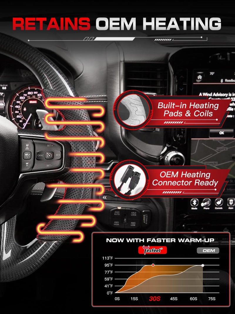 Tesfeel Real Carbon Fiber Steering Wheel for Ram 1500 TRX (2021-2024), Supports Factory Heating and Paddle Shifters, Genuine 3K Carbon with Perforated Leather, D-Shape - Image 4