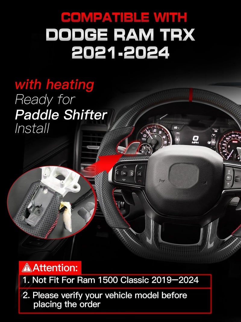 Tesfeel Real Carbon Fiber Steering Wheel for Ram 1500 TRX (2021-2024), Supports Factory Heating and Paddle Shifters, Genuine 3K Carbon with Perforated Leather, D-Shape - Image 2