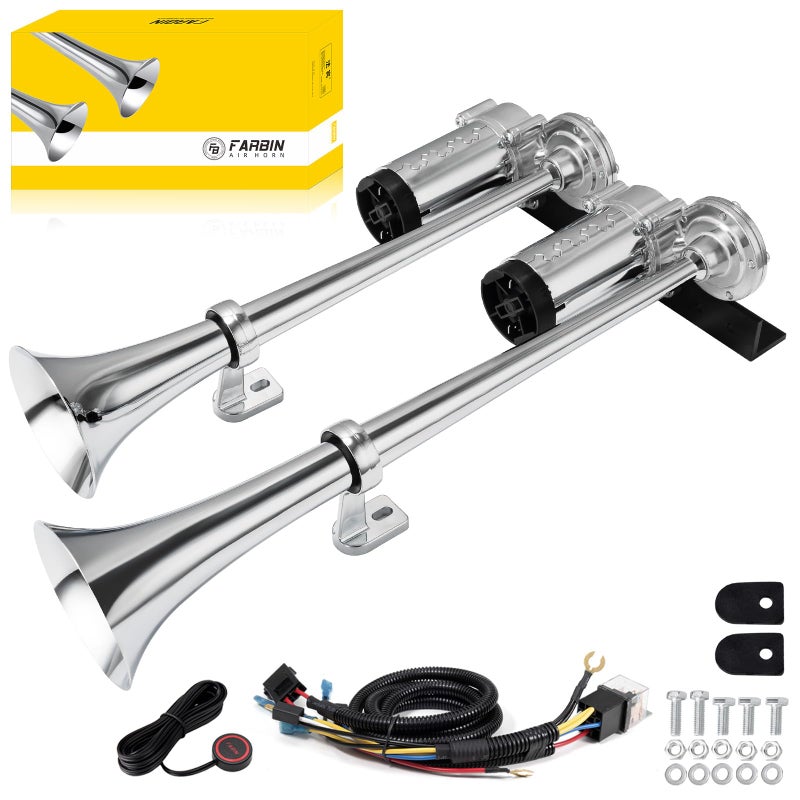 FARBIN Dual Trumpet Air Horn, 12V Train Horn for Truck with 2 Air Compressors,178dB Loud Horns for Any 12V Vehicles Trucks Pickups SUV Lorrys Boats (Silver Integrated Trumpet with Button) - Image 1