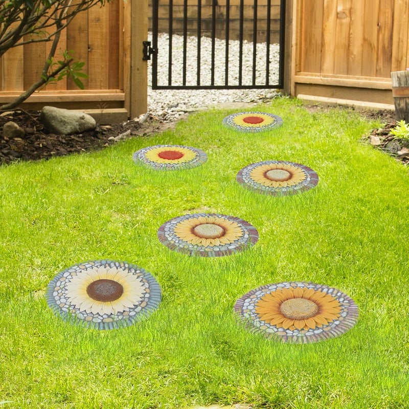 PINPON 4 Pack Sunflower Stepping Stones – 10 Inch Cement Garden Pavers with Colorful Pebble Border, Hand-Painted Outdoor Walkway Stones, Weather-Resistant Decorative Path Stones for Patio & Yard - Image 4