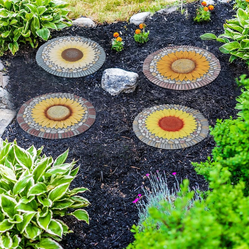 PINPON 4 Pack Sunflower Stepping Stones – 10 Inch Cement Garden Pavers with Colorful Pebble Border, Hand-Painted Outdoor Walkway Stones, Weather-Resistant Decorative Path Stones for Patio & Yard - Image 3