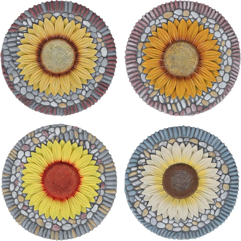 PINPON 4 Pack Sunflower Stepping Stones – 10 Inch Cement Garden Pavers with Colorful Pebble Border, Hand-Painted Outdoor Walkway Stones, Weather-Resistant Decorative Path Stones for Patio & Yard - Image 1