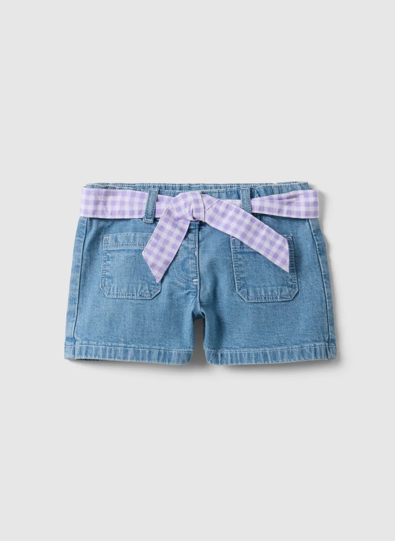Ovs OVS Girlsâ€™ Blue Denim Shorts In Stretch Cotton With Gingham Belt