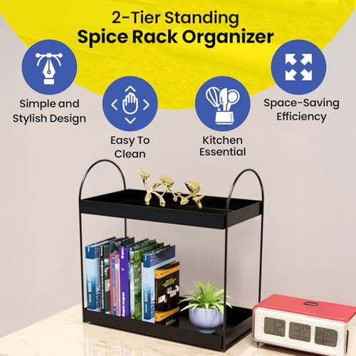 WonderStand Metal ROVA | 2-Tier Standing Spice Rack Storage Organizer, Bathroom Countertop Storage Shelf Cosmetic Organizer and Home/Kitchen Spice Rack (Black) - Image 2