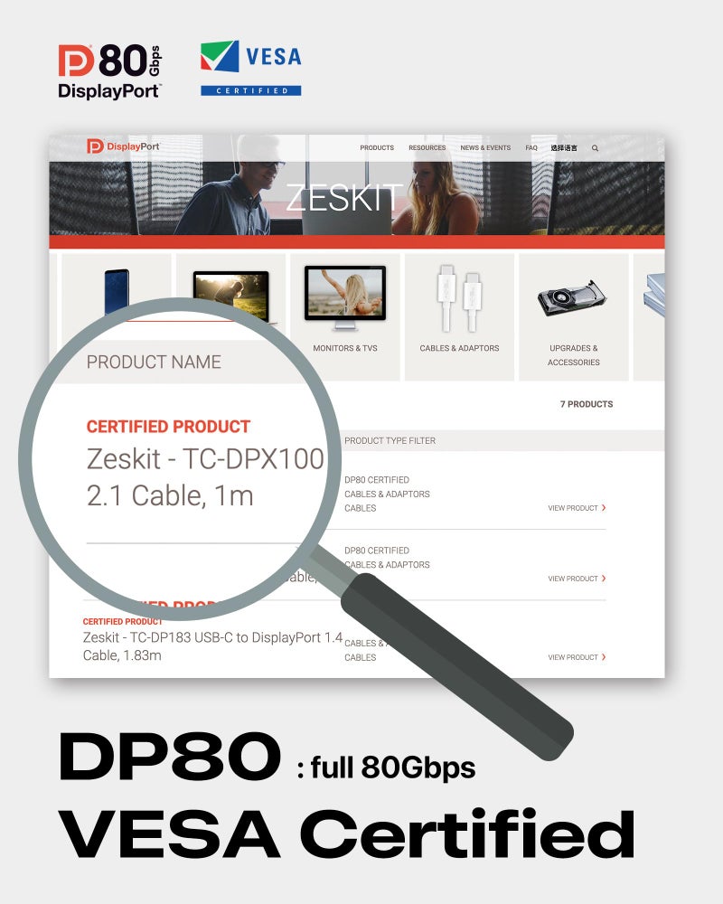 Zeskit X-Tech 80Gbps 16K Bi-Directional Certified USB-C to Displayport 2.1 Cable, DP2.1 DP80 (3ft/1m) - Image 4