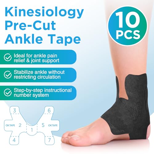 OK TAPE Precut Kinesiology Ankle Tape, 10 Pcs, Pain Relief, Prevent Ankle Sprain, Provide Support for Ankle Ligament, Elastic Athletic Tape, Breathable Kinetic Tape for Daily use - Black - Image 2