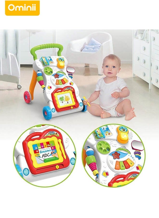 3-in-1 Sit-to-Stand Activity Centers  Baby Walker – Push Walker and Sit Stand Two-in-One, Multifunctional Learning & Entertainment Center with Detachable Drawing Board, Piano Keys, Music, Shape Sorters & Lights, Perfect Gift for Boys & Girls