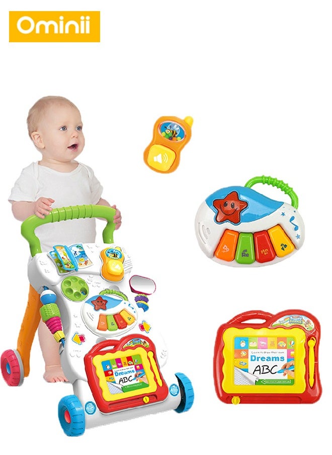 3-in-1 Sit-to-Stand Activity Centers  Baby Walker – Push Walker and Sit Stand Two-in-One, Multifunctional Learning & Entertainment Center with Detachable Drawing Board, Piano Keys, Music, Shape Sorters & Lights, Perfect Gift for Boys & Girls