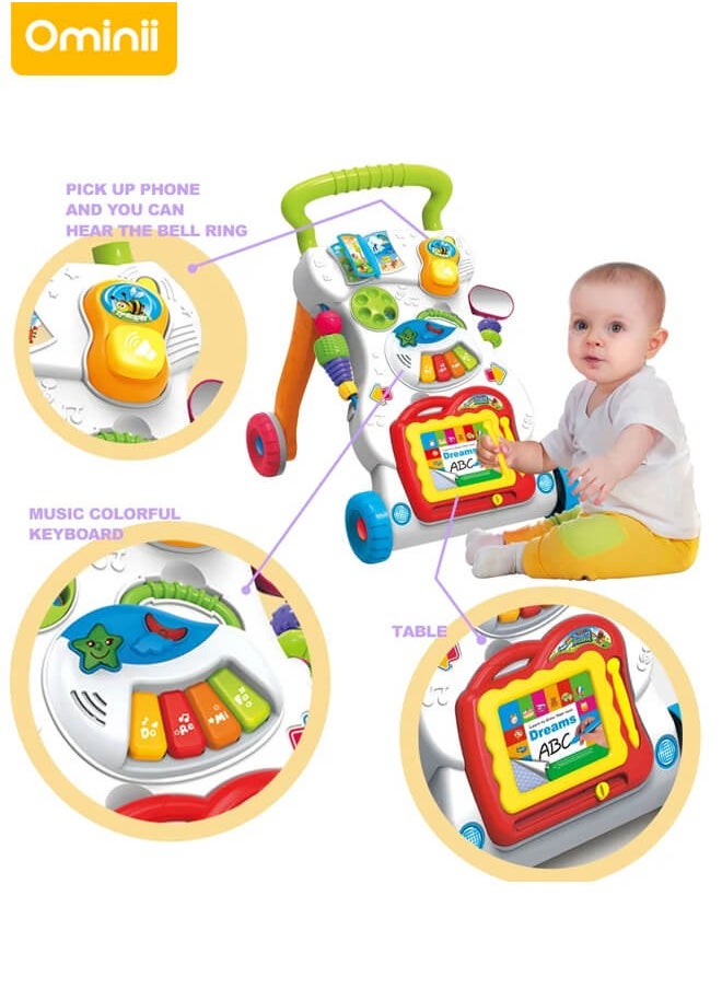 3-in-1 Sit-to-Stand Activity Centers  Baby Walker – Push Walker and Sit Stand Two-in-One, Multifunctional Learning & Entertainment Center with Detachable Drawing Board, Piano Keys, Music, Shape Sorters & Lights, Perfect Gift for Boys & Girls