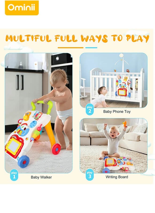 3-in-1 Sit-to-Stand Activity Centers  Baby Walker – Push Walker and Sit Stand Two-in-One, Multifunctional Learning & Entertainment Center with Detachable Drawing Board, Piano Keys, Music, Shape Sorters & Lights, Perfect Gift for Boys & Girls