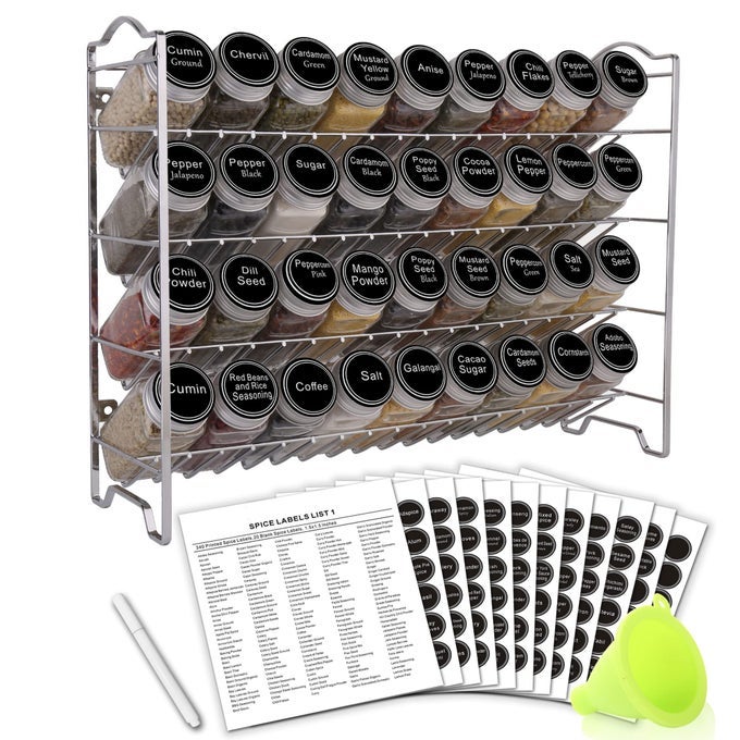 SPICE RACK ORGANIZER WITH 36 EMPTY SQUARE SPICE JARS 396 SPICE LABELS WITH CHALK MARKER AND FUNNEL COMPLETE SET FOR COUNTERTOP CABINET OR WALL MOUNTSILVER