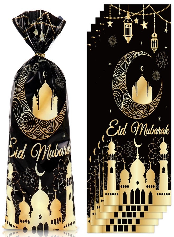 Whaline 100 Pcs Eid Mubarak Cellophane Bags with Twist Ties Plastic Treat Bags Black Gold Ramadan Candy Goodie Bag for Islamic Muslim Holiday Party Snack Cookie Packing Supplies - Image 1