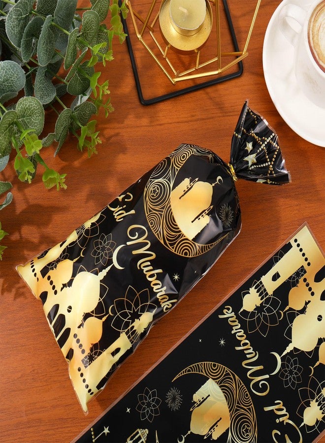 Whaline 100 Pcs Eid Mubarak Cellophane Bags with Twist Ties Plastic Treat Bags Black Gold Ramadan Candy Goodie Bag for Islamic Muslim Holiday Party Snack Cookie Packing Supplies - Image 3