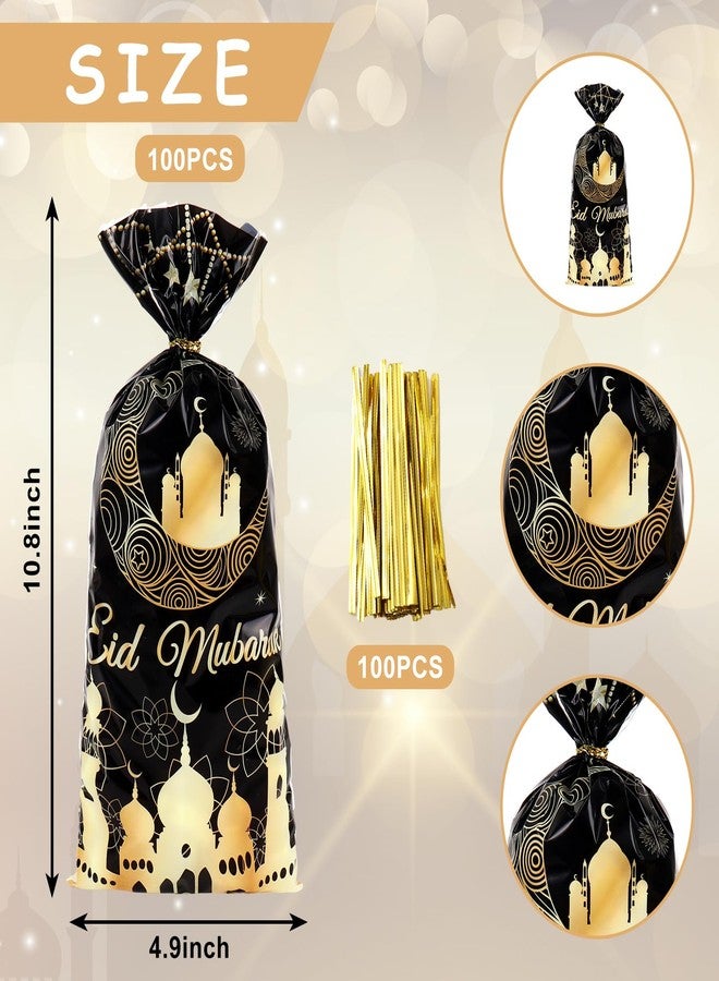 Whaline 100 Pcs Eid Mubarak Cellophane Bags with Twist Ties Plastic Treat Bags Black Gold Ramadan Candy Goodie Bag for Islamic Muslim Holiday Party Snack Cookie Packing Supplies - Image 2