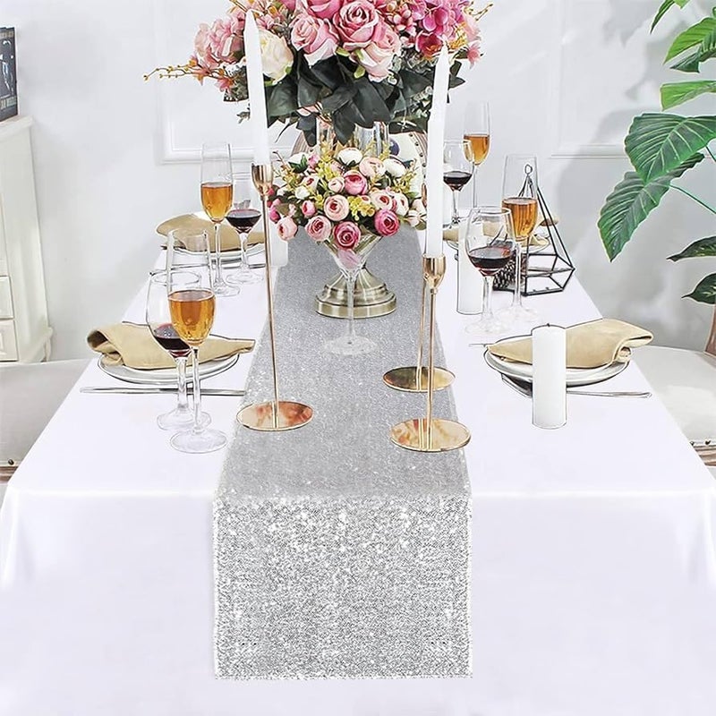 the purple tree The Purple Tree Satin Sequin Christmas and Wedding Table Runner for 6 Seater Dining Table (Silver, 13x72 inch) - Image 3