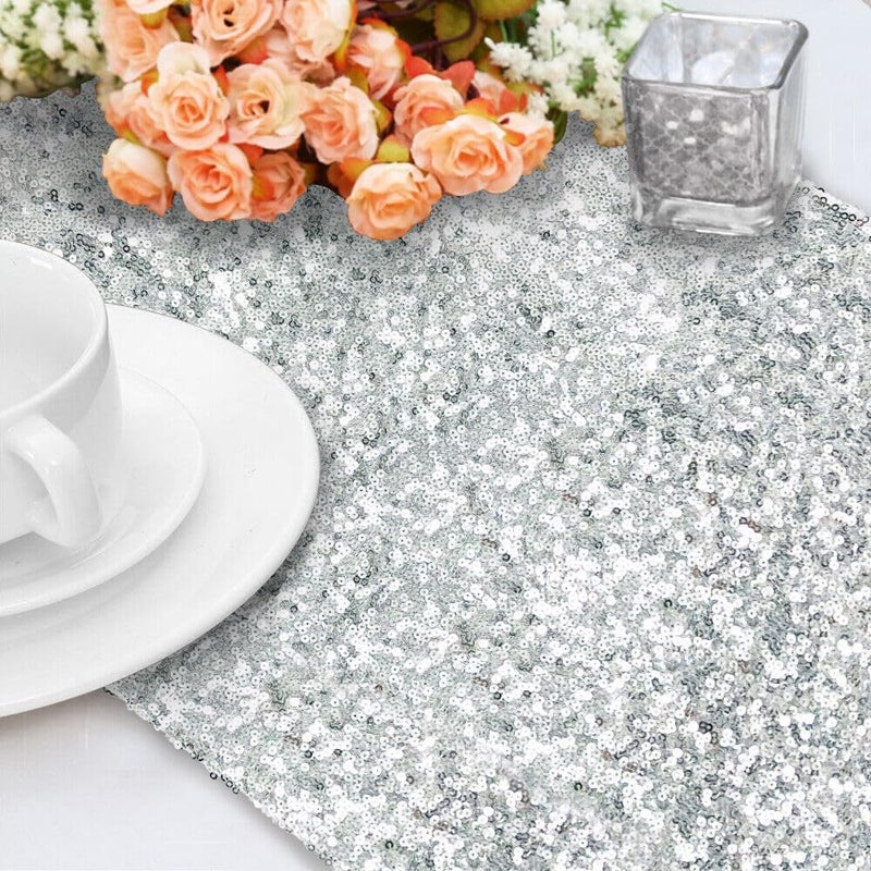 the purple tree The Purple Tree Satin Sequin Christmas and Wedding Table Runner for 6 Seater Dining Table (Silver, 13x72 inch) - Image 2