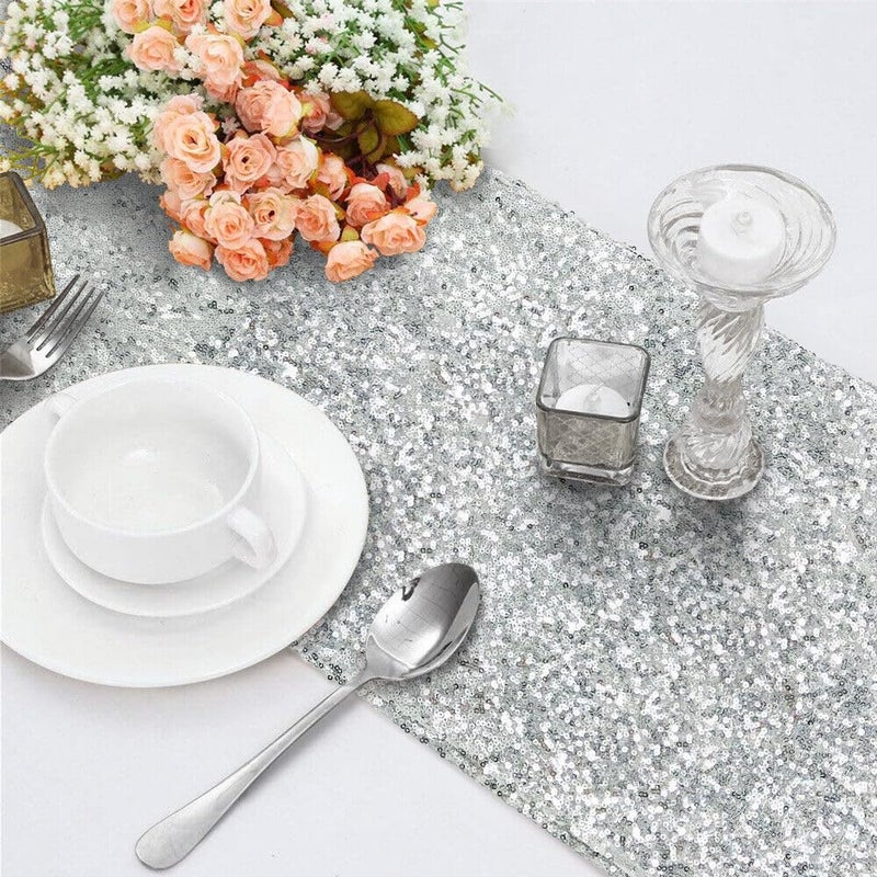 the purple tree The Purple Tree Satin Sequin Christmas and Wedding Table Runner for 6 Seater Dining Table (Silver, 13x72 inch) - Image 1