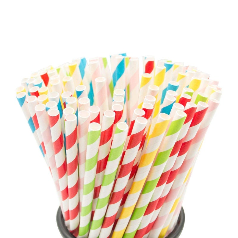 KTOJOY 100PCS Biodegradable Paper Straws Bulk  Assorted Rainbow Colors Striped Drinking Straws for Juice  shakes  Cocktail  Coffee Soda  Milkshakes  Smoothies Celebration Parties and Arts Crafts Projects - Image 1