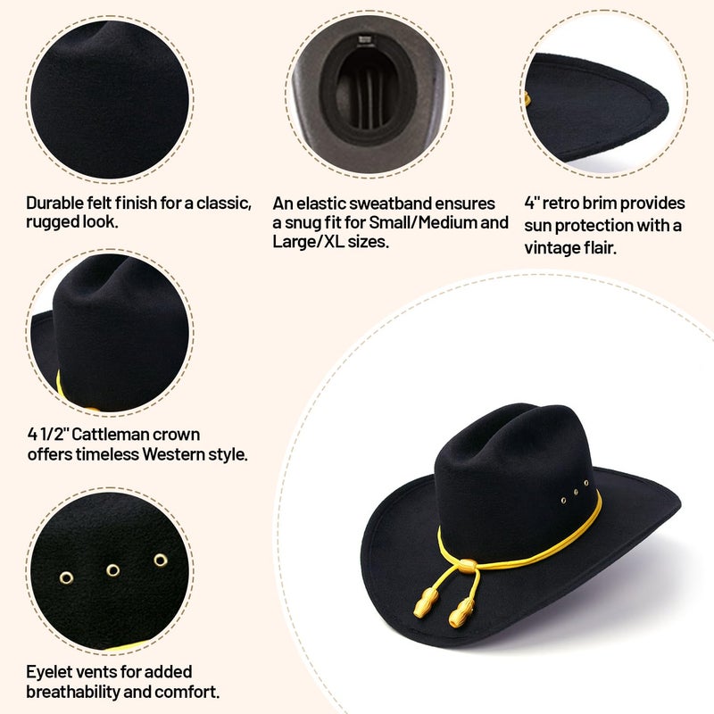 Western Express Classic Felt Finish Black Cowboy Hat - Cattleman Style with Cavalry Hat Band | Cowboy & Cowgirl Hats for Men and Women - Image 4