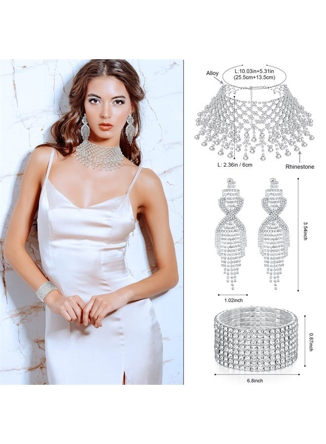 Inbagi 3 Pcs Women Crystal Jewelry Set Includes Bridal Wedding Rhinestone Choker Necklace Crystal Bracelets and Dangle Earrings (Stylish Style)