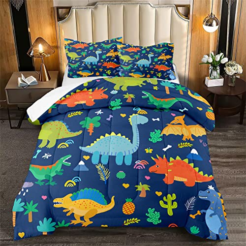 Kossmjx Dinosaur Comforter Set for Boys, Cartoon Dinosaur Bedding Set Queen Size, Cute Blue Pattern Dinosaurs Comforter Sets for Kids Teens Soft Breathable All Season Quilt 3Pcs with 2 Pillowcases - Image 1