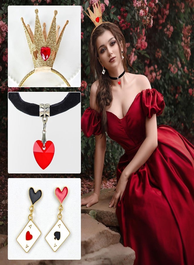 Horolam 5PCS Queen Costume Accessories, Red Heart Queen Costume Set with Gold Crown Headband Queen Wand Heart Choker Necklace and Earrings for Women Girls for Cosplay Dress up Party - Image 3