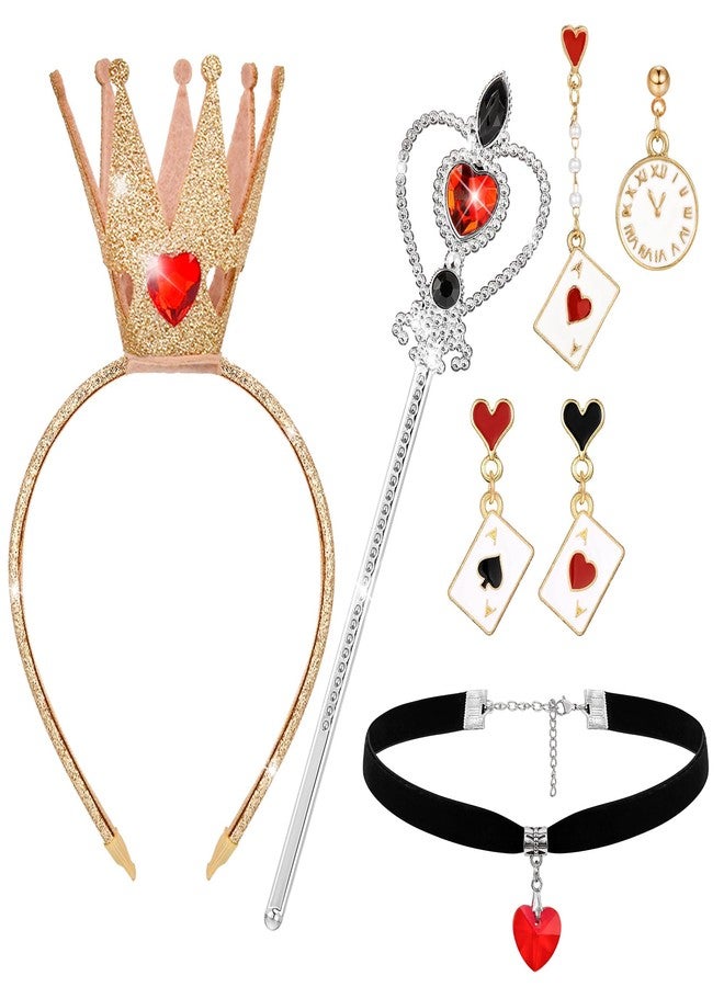 Horolam 5PCS Queen Costume Accessories, Red Heart Queen Costume Set with Gold Crown Headband Queen Wand Heart Choker Necklace and Earrings for Women Girls for Cosplay Dress up Party - Image 1