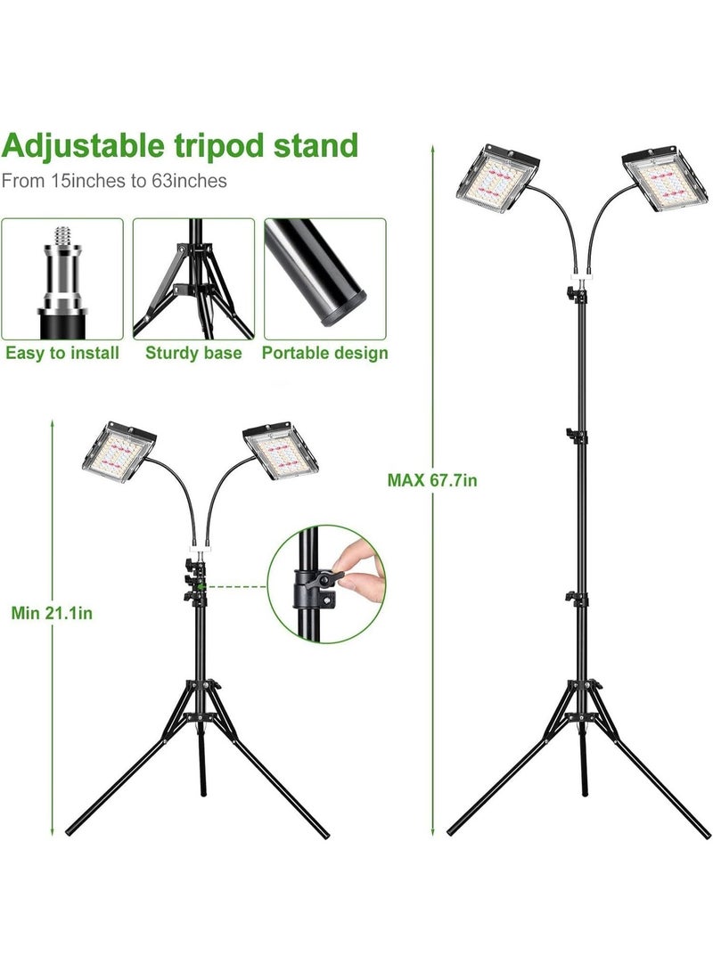 YOUWE7 مصباح زراعة YOUWE7 للنباتات الداخلية، رأسان مزدوجان، طيف كامل، 200 واط LED، مؤقت تشغيل/إيقاف تلقائي، 6 مستويات قابلة للتعتيم، 3 أوضاع تشغيل، حامل ثلاثي القوائم قابل للتعديل من 15 إلى 63 بوصة - Image 2