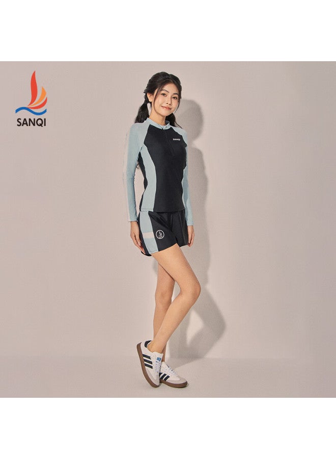 Sanqi Women's Three-piece Swimsuit Set With Separate Conservative Long-sleeved Top And Long Pants To Cover The Stomach For Conservative Hot Spring Swimming Snorkeling Surfing Blue L - Image 1