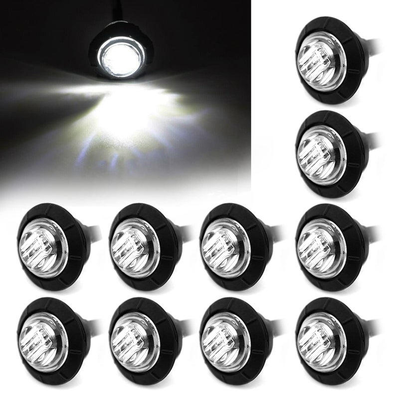FXC 10x 34 Round LED Clearence Light Front Rear Side Marker Indicators Light for Truck Car Bus Trailer Van Caravan Boat Taillight Brake Stop Lamp White 12V