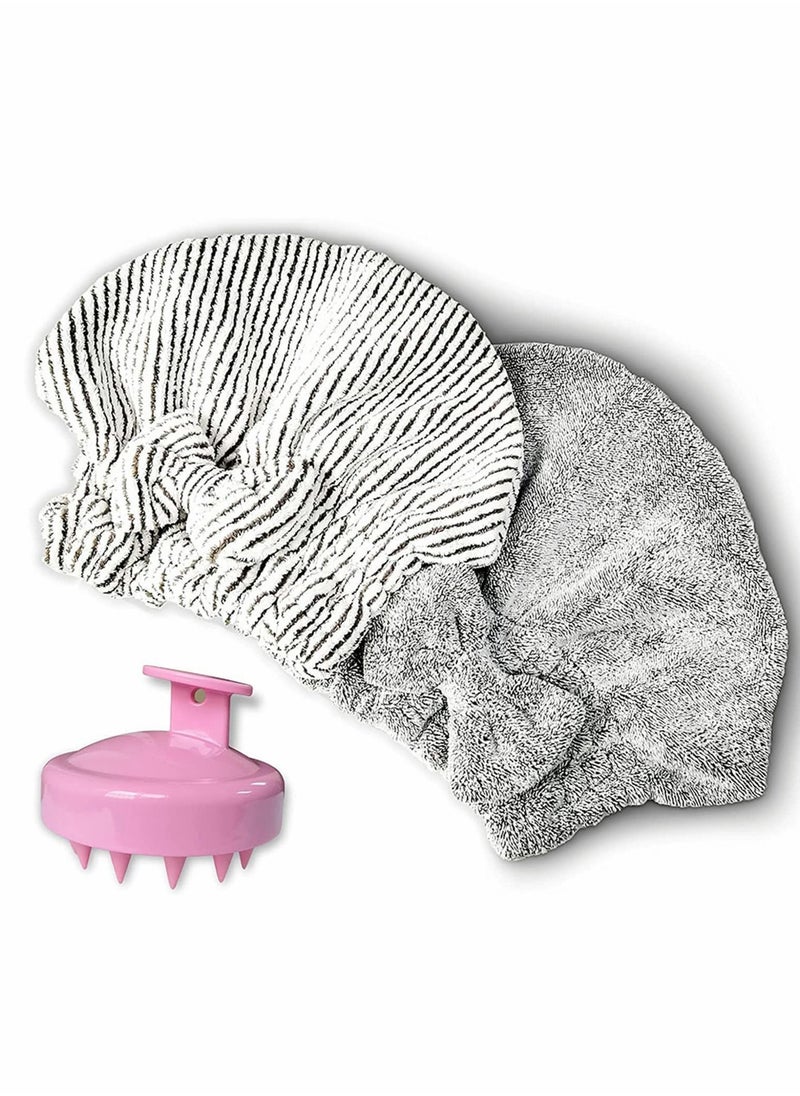 Y&D Microfiber Hair Towel Cap,Soft Absorbent Quick Drying Cap for Curly Thick , with Shampoo Brush Scalp Massager Women Girls-Set of 3 Pcs  - Image 1