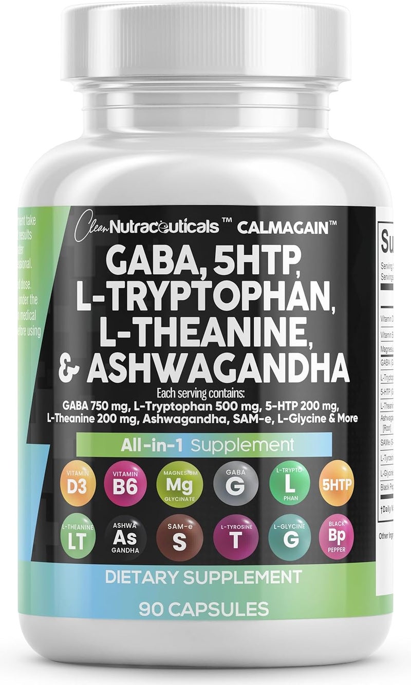 Clean Nutraceuticals Clean Nutraceuticals GABA 750mg 5 HTP 200mg L Tryptophan 500mg L Theanine 200mg Ashwagandha SAM-e L-Glycine - Mood Support Vitamins for Women and Men with L-Tyrosine - Count 